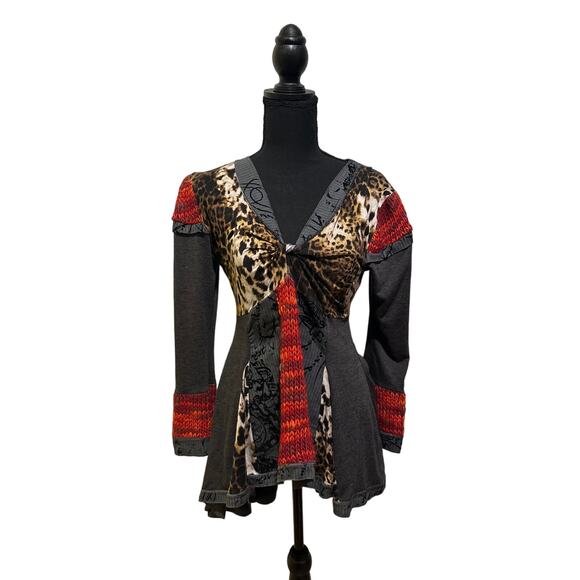 Vintage French Designer Zone Bleue Paris Wool Patchwork Pattern Cheetah Top Sz 3 - Picture 1 of 2